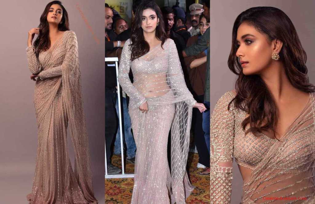 Ethereal Beauty Actress Keerthy Suresh Gorgeous in Transparent for SVP Release Event