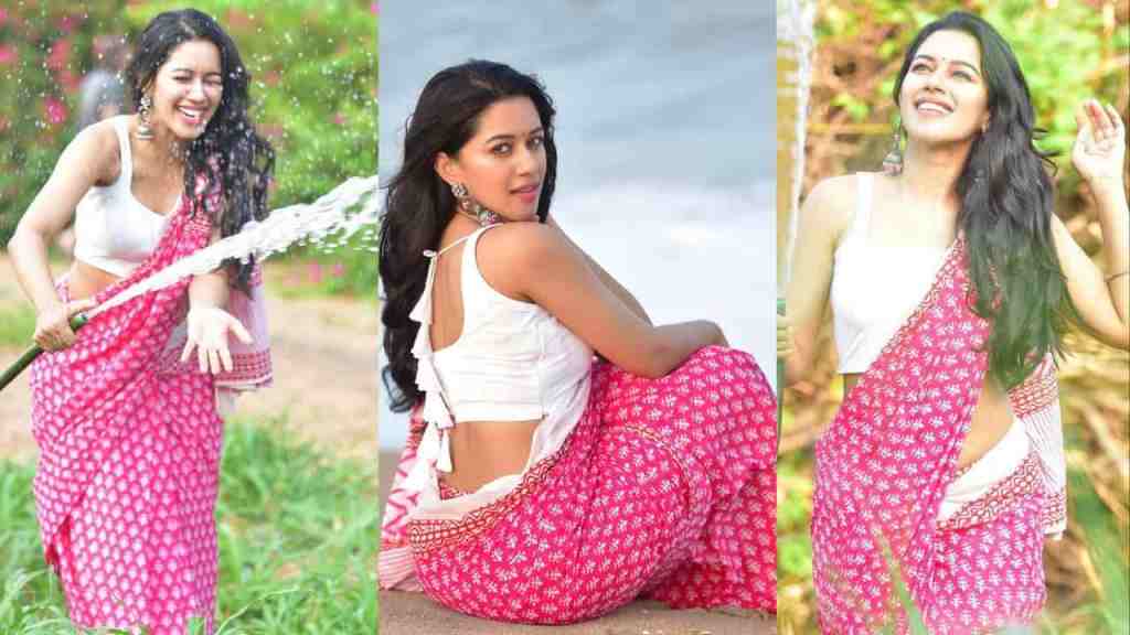 Actress Mirnalini Ravi Sizzling in Beach Side Photoshoot in Lovely Pink Saree