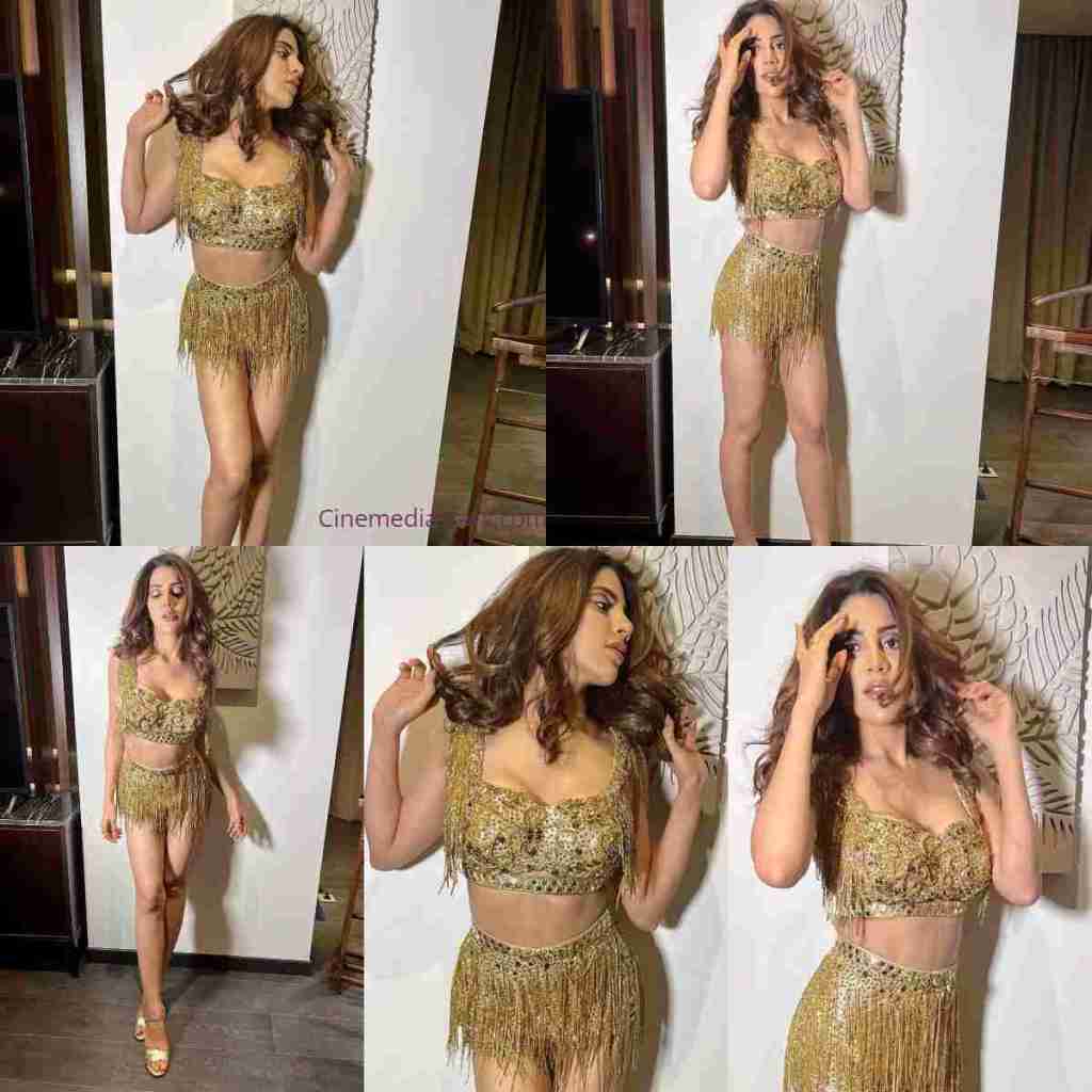 Actress Nikki Tamboli Glittering in Golden Mini Skirt Gorgeous Outfit