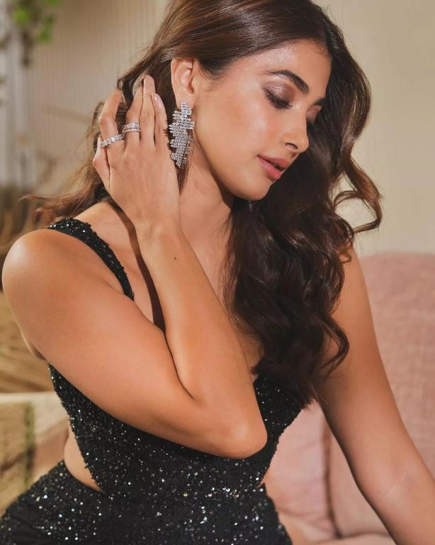 Actress Pooja Hegde Sizzling Hot in Front Sequin Cami Midi Black Outfit