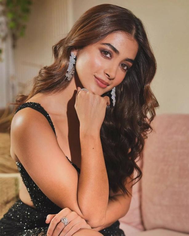 Actress Pooja Hegde Sizzling Hot in Front Sequin Cami Midi Black Outfit